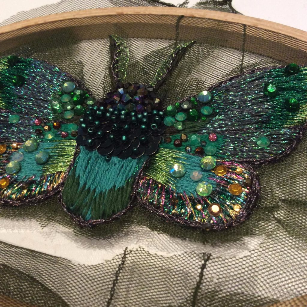Embroidered moth in progress by Suzanne Forbes June 2017