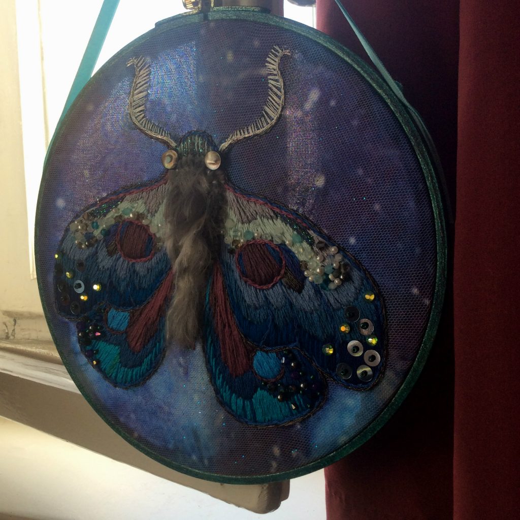 Lunar Moth Embroidery Art by Suzanne Forbes May 2018