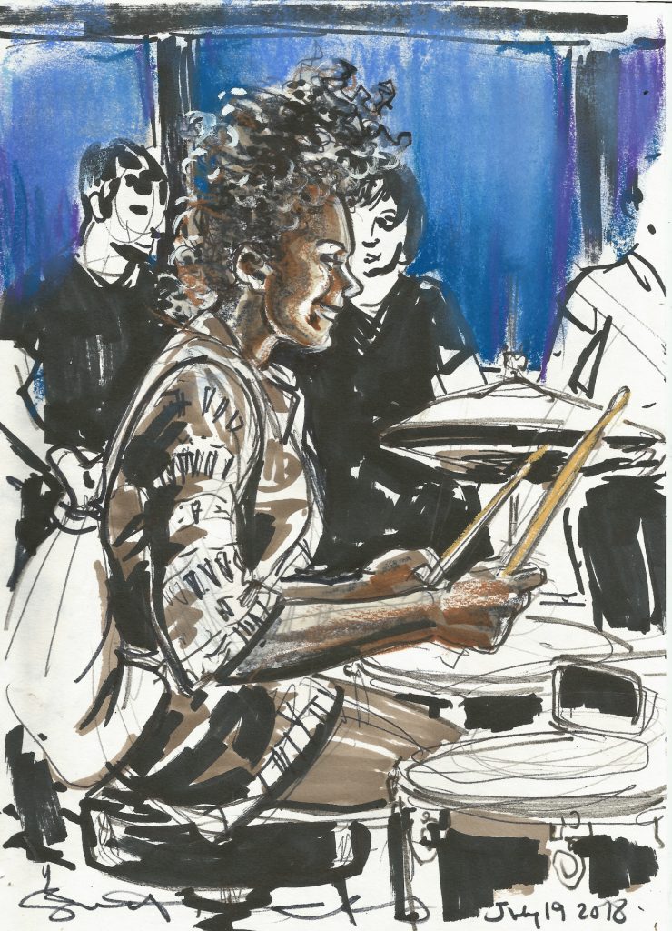 Second drummer at Bei Ruth drum jam July 19 2018 by Suzanne Forbes