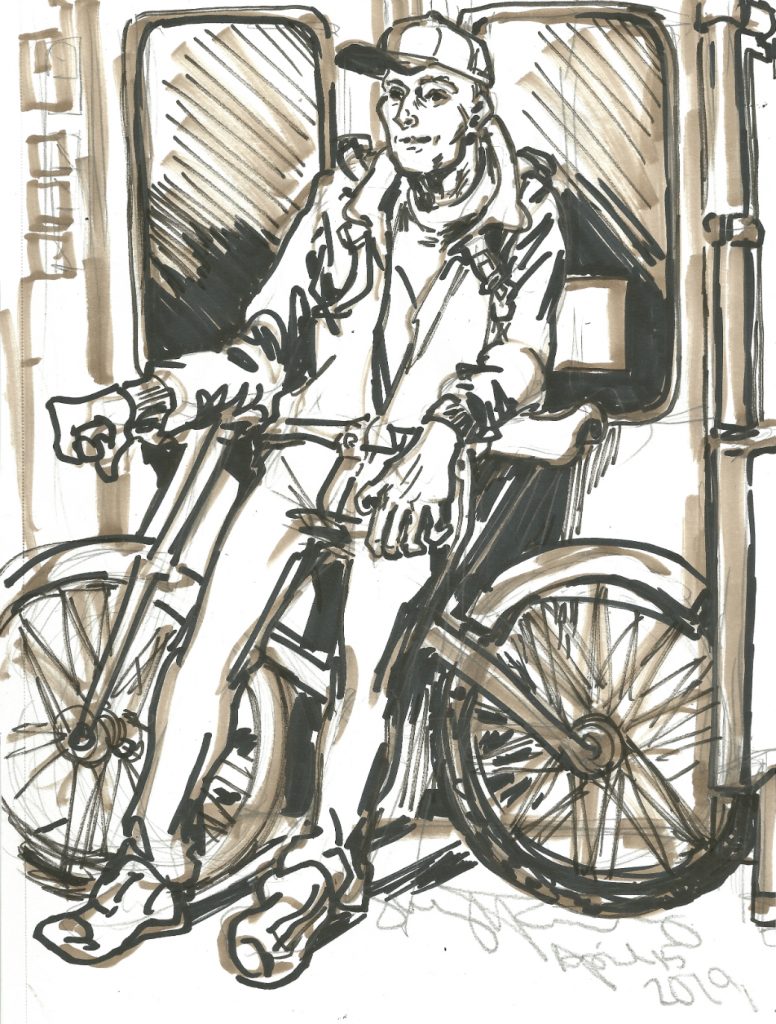 Unterwegs April 15 2019 by Suzanne Forbes guy with bike