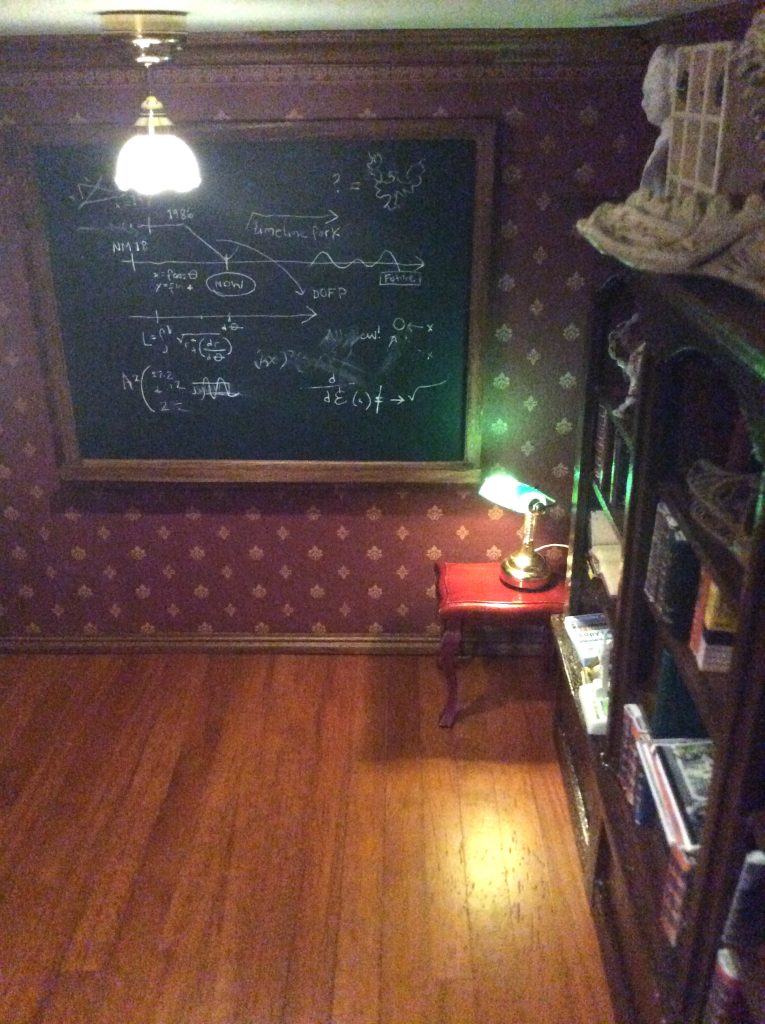 Scratchbuilt dollhouse miniature blackboard and eraser in dollhouse by Suzanne Forbes July 18 2019