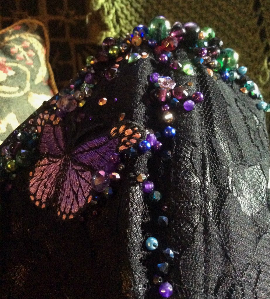 Bead embroidered bug corset project work in progress Suzanne Forbes Aug 28 2019 left