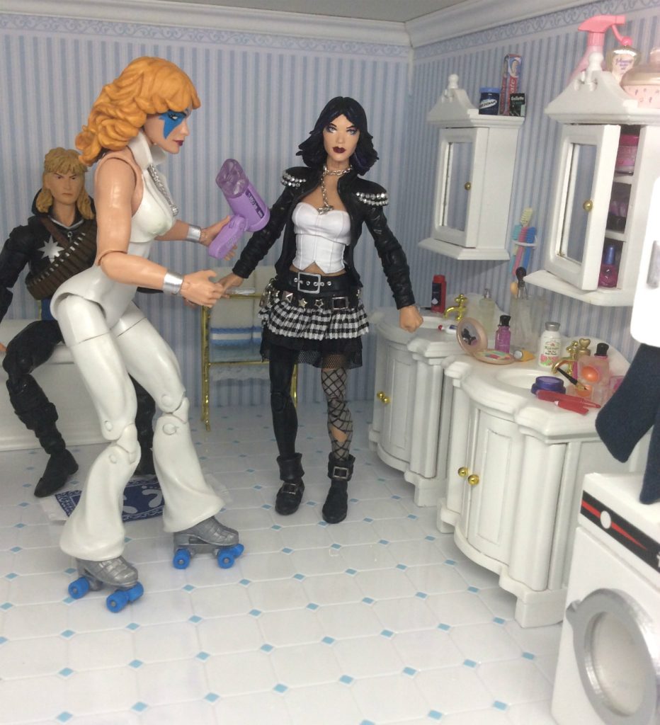 Lila Cheney action figure custom in bathroom with Dazzler and Longshot by Suzanne Forbes Sept 21 2019
