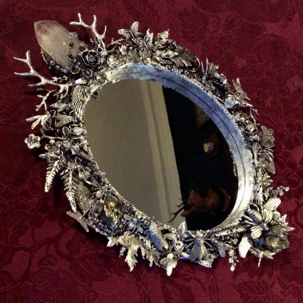 Gothic Rococo silver leaf bricolage mirror with insects and skulls by Suzanne Forbes Jan 2020