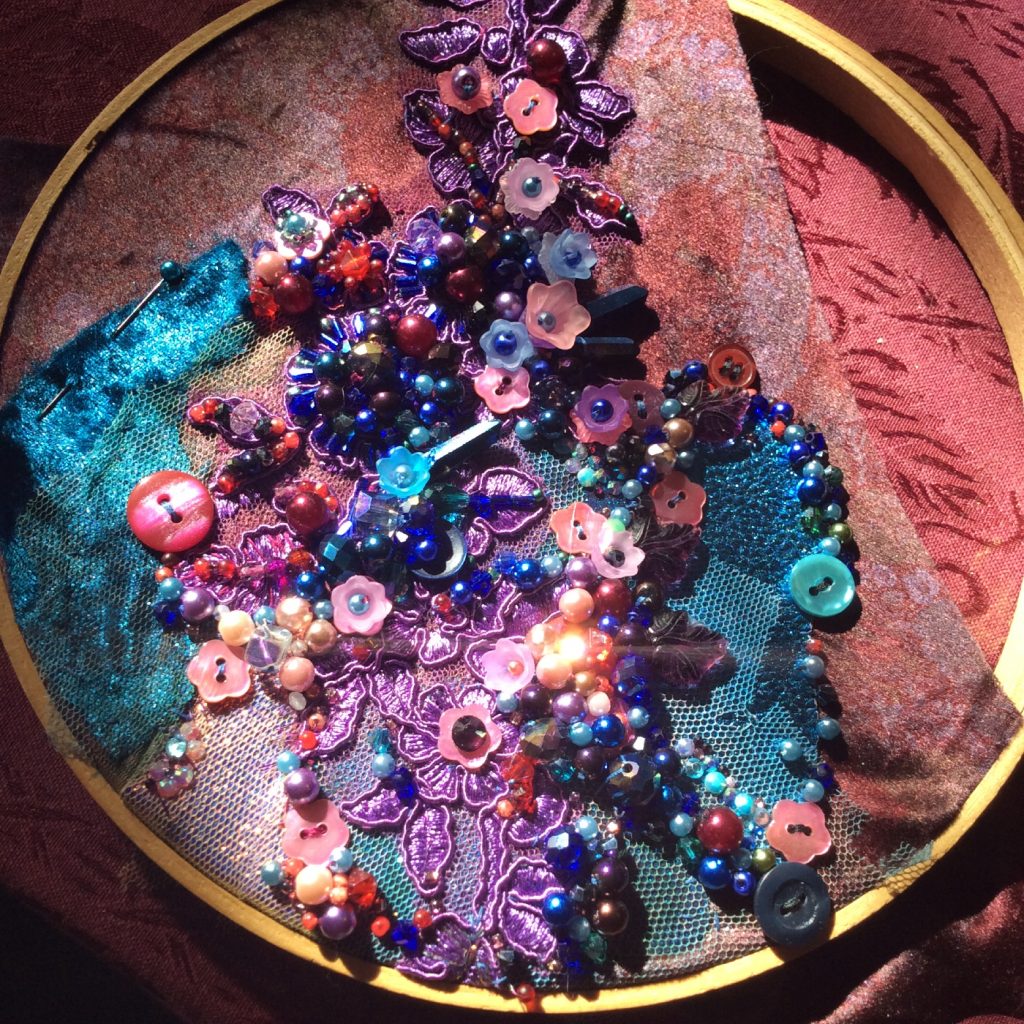 Jewel color bead embroidery WIP by Suzanne Forbes March 20 2020 2
