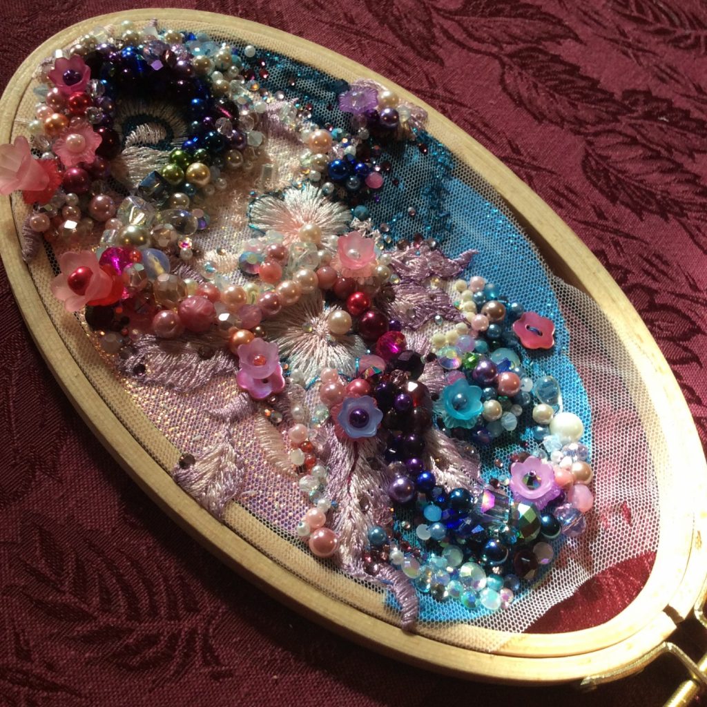 Opalescent bead embroidery WIP by Suzanne Forbes March 20 2020