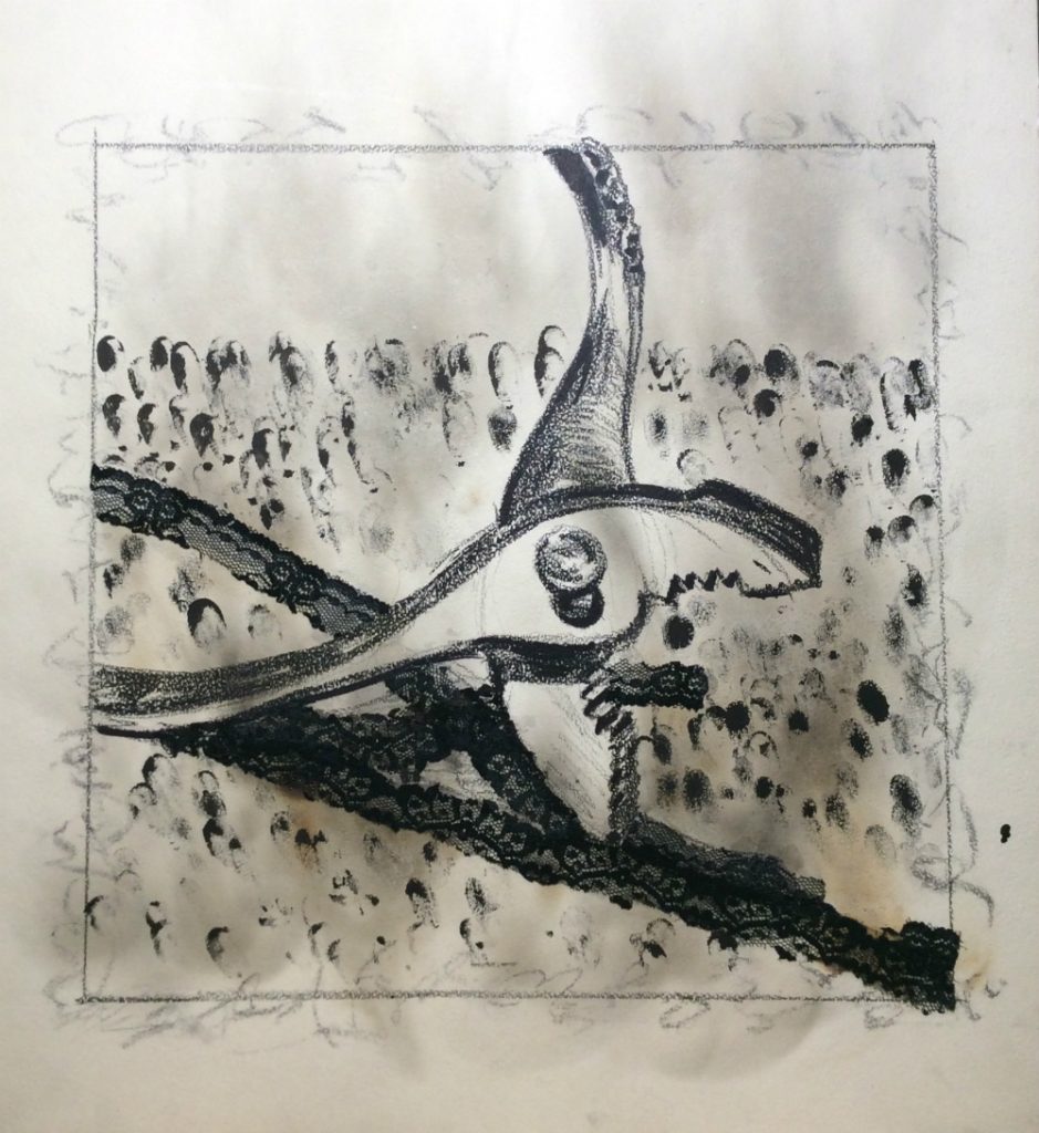 Tool Drawing with lace and smoke for Tom Garrettt Illustration Class Fall 1990 Rachel Ketchum