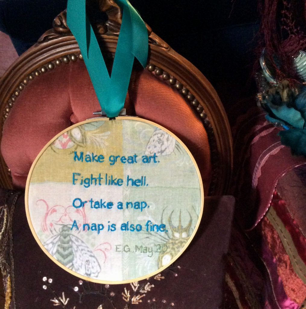 Motto of EG embroidered by Suzanne Forbes May 2020