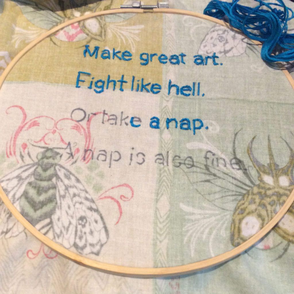 Motto of EG embroidered by Suzanne Forbes WIP May 2020