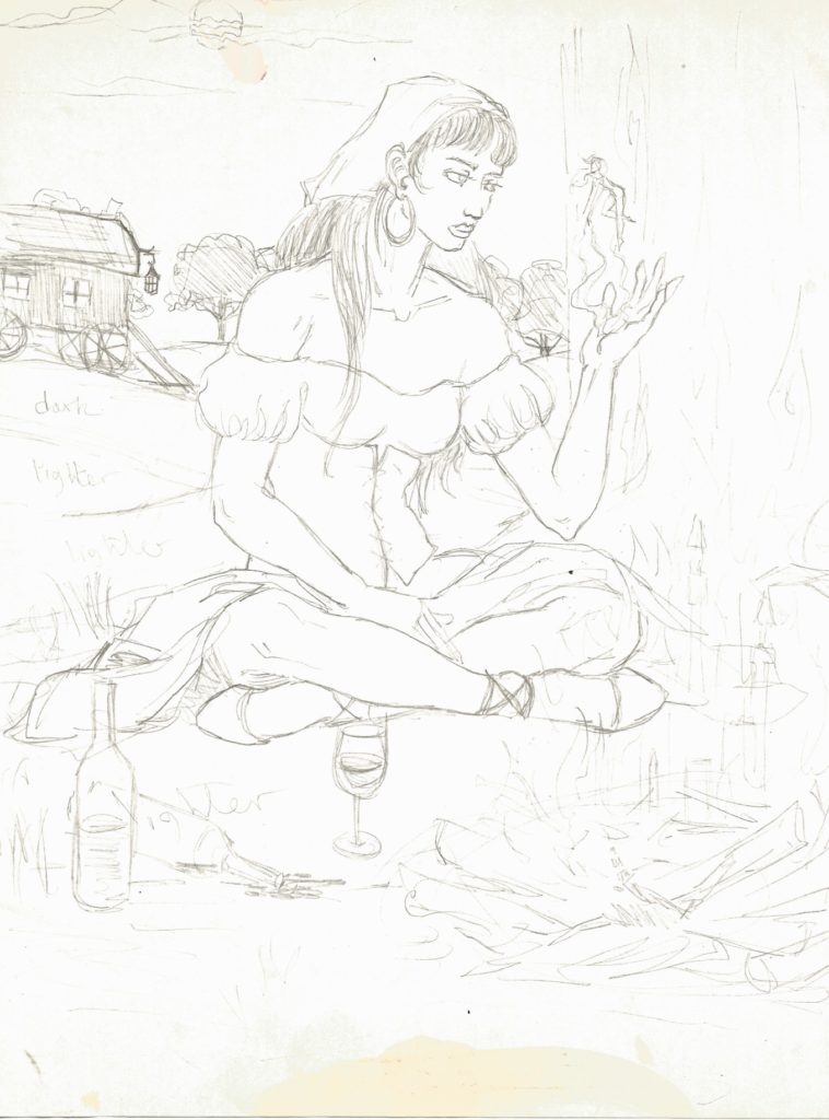 Witch by fire drawing by Rachel Ketchum aka Suzanne Forbes circa 1985