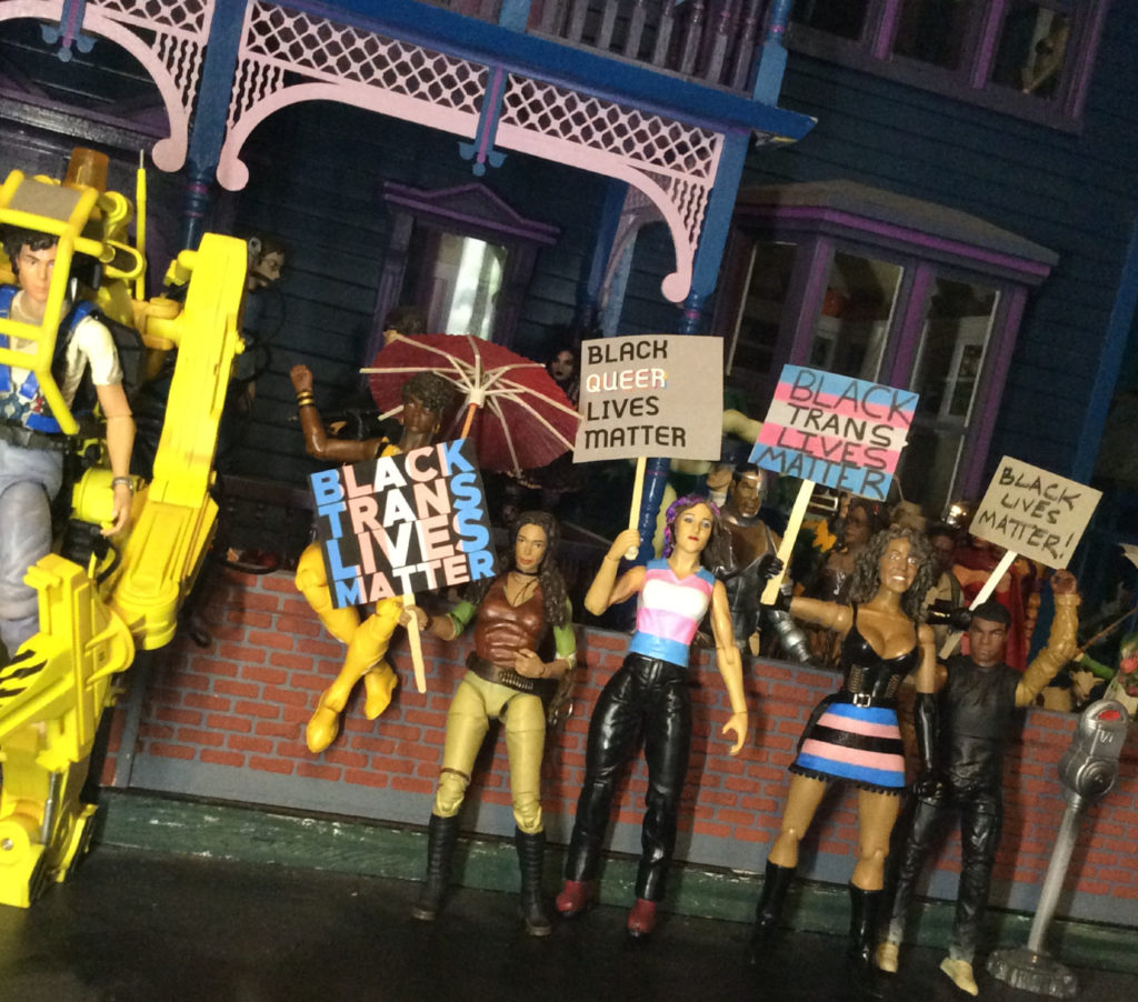 Custom trans action figures street protest by Suzanne Forbes June 24 2020