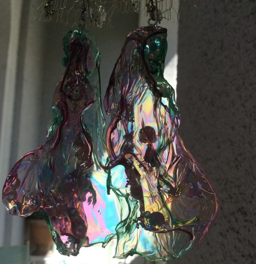 UV resin and Angelina Fantasy Film earrings by Suzanne Forbes June 2020