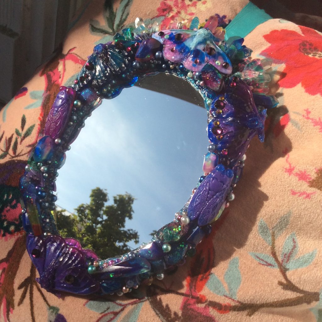 Gothic Rococo UV resin insect mirror with glitter gems by Suzanne Forbes Sept 2020