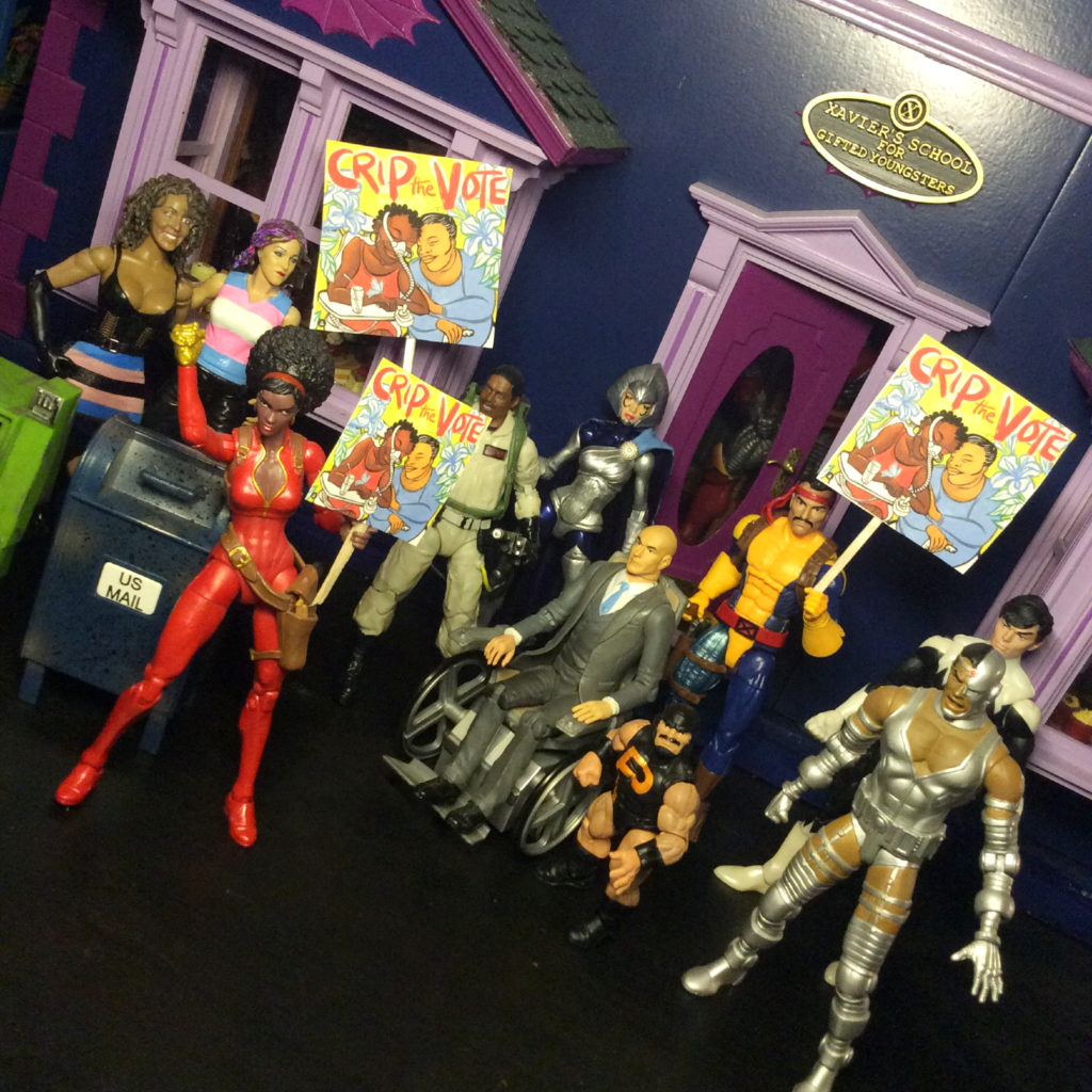 Crip The Vote art by Micah Bazant with disabled Marvel and DC superheroes by Suzanne Forbes