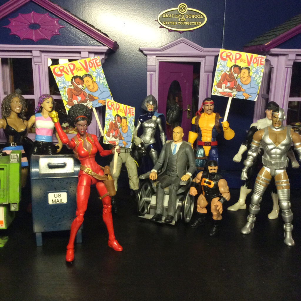 Crip The Vote art by Micah Bazant with disabled Marvel and DC superheroes by Suzanne Forbes