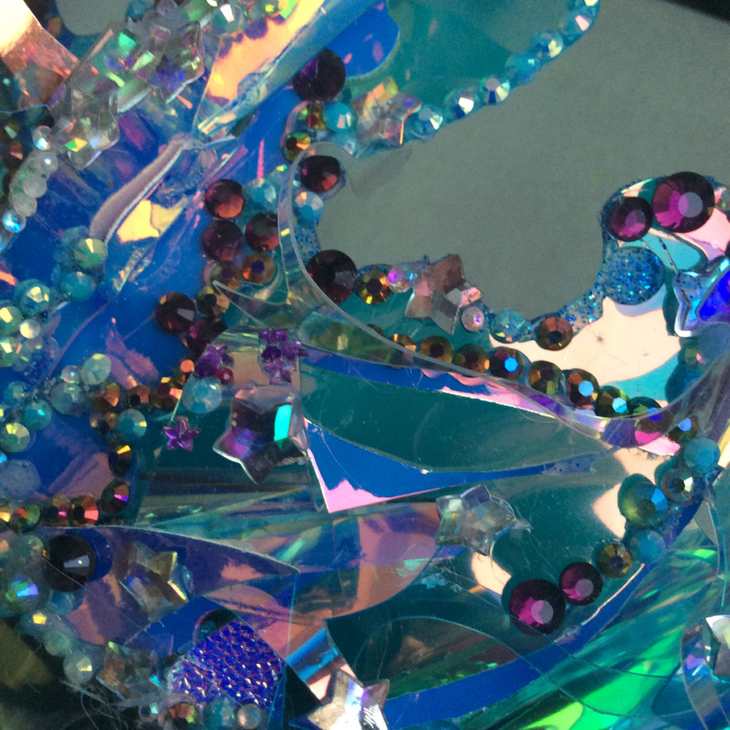 Removable holographic vinyl and crystal decorative face shield crown by Suzanne Forbes 2