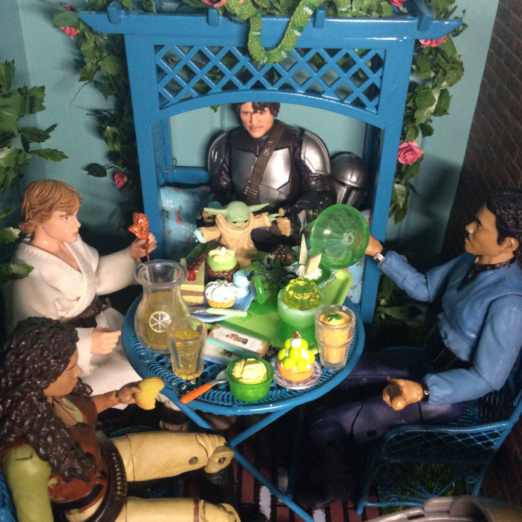 Baby Yoda and Mando eating blue space macarons with friends diorama by Suzanne Forbes Dec 2020