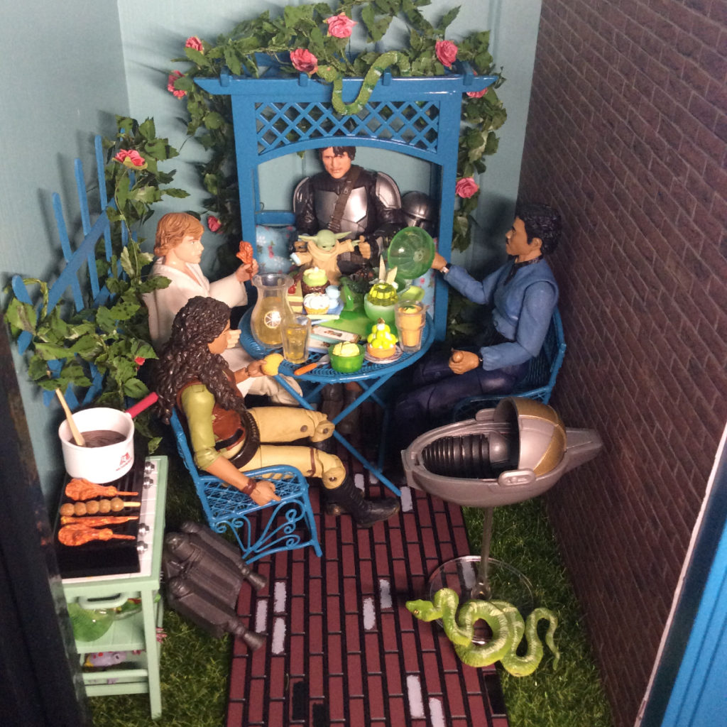 Baby Yoda and the Mandalorian feast on space macarons with friends diorama by Suzanne Forbes Dec 2020