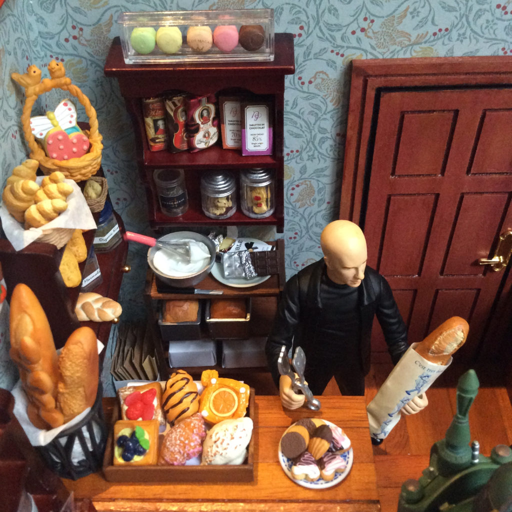 Miniature bakery roombox with Rement cake and pastry items by Suzanne Forbes March 28 2021 macarons