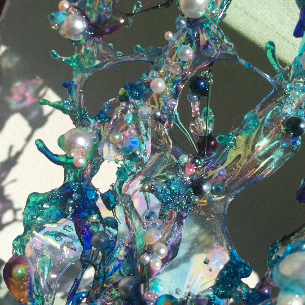 UV resin and Angelina Fantasy Film antler tentacle dendrite visor by Suzanne Forbes March 30 2021 detail