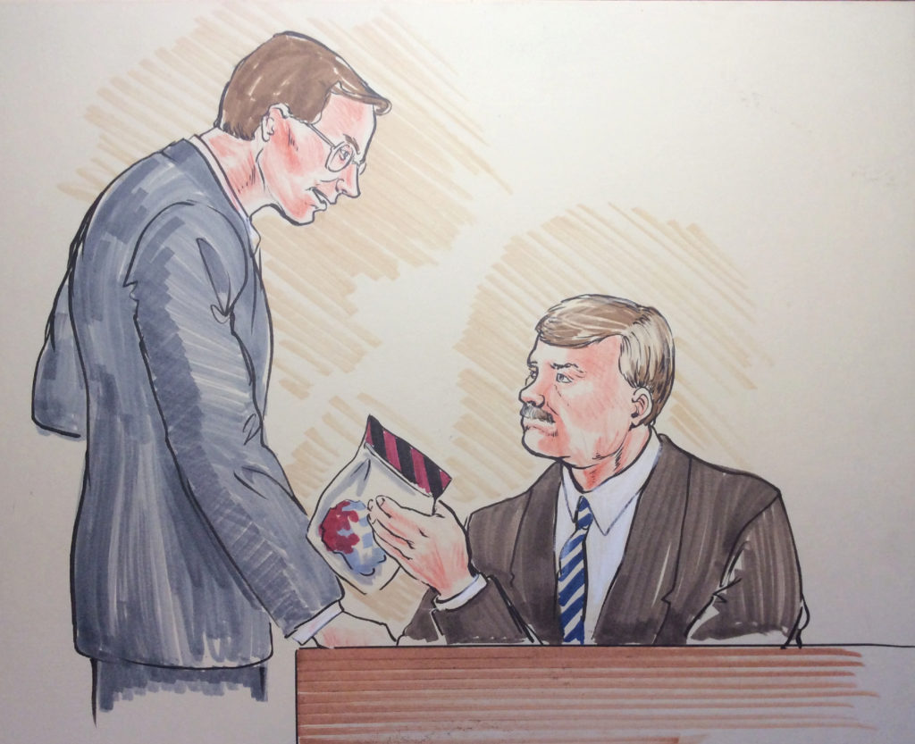 Courtroom drawing by Suzanne Forbes working as Rachel Ketchum ca 1992 to 1994 evidence