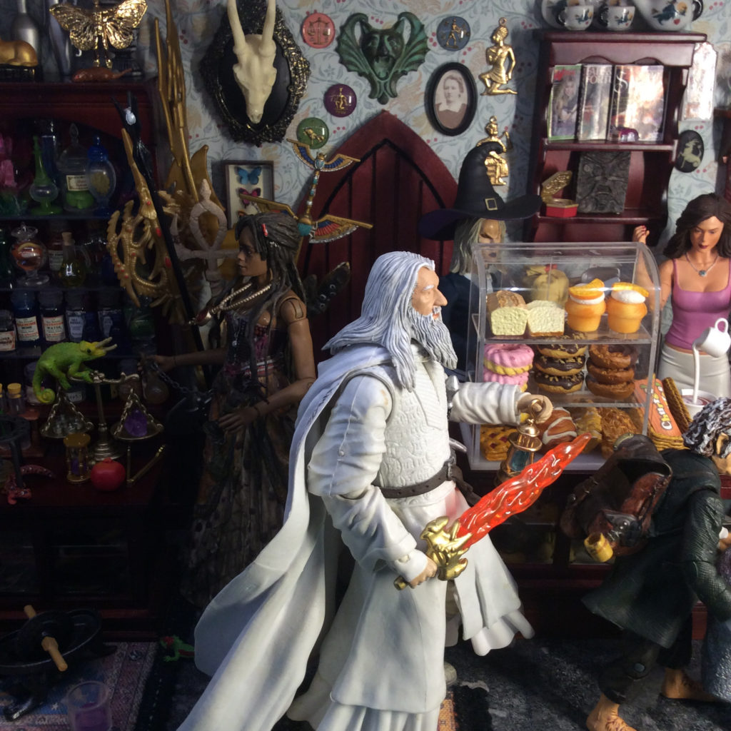 Dollhouse miniature action figure witch and magic shoppe by Suzanne Forbes May 2021 Gandalf and Frodo