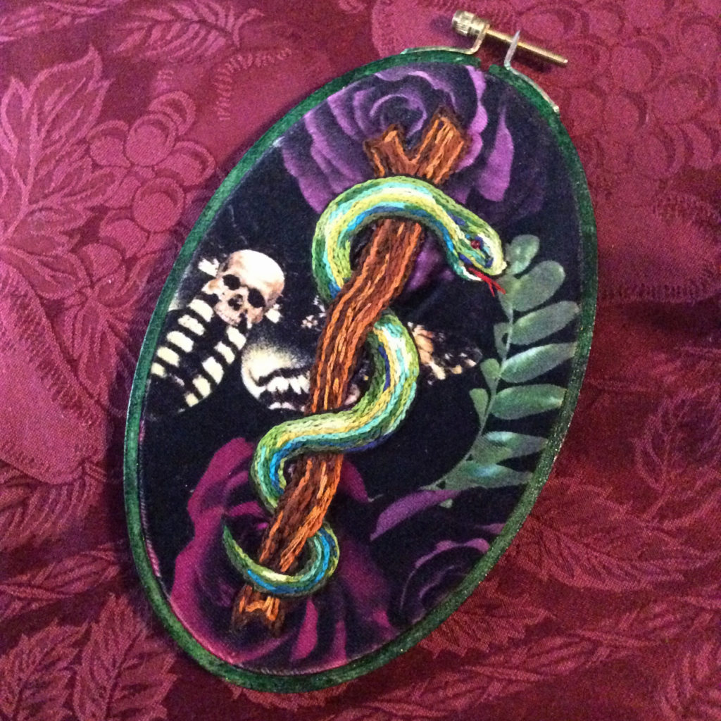 Rod of Asclepius embroidery artwork by Suzanne Forbes completed Sept 2021