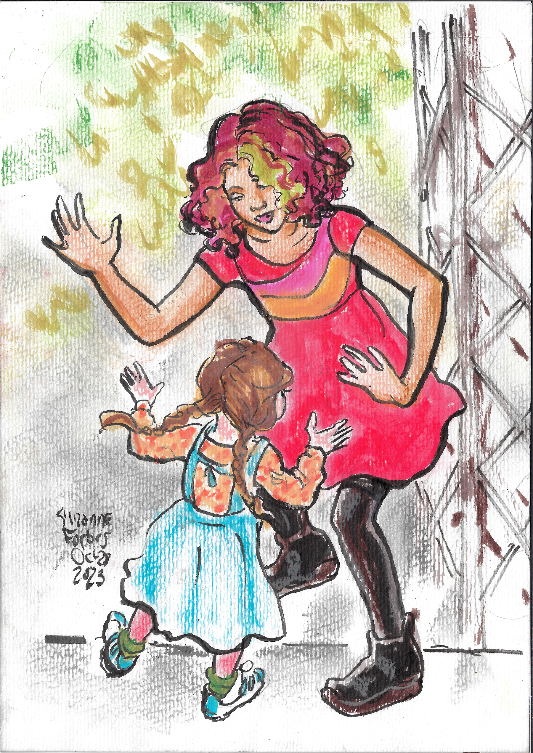 Two femme-appearing children are dancing on an outdoor stage. The older is brown with curly hair partly dyed green and pink. The younger is white with brown braided hair. Both wear colorful dresses and sneakers.